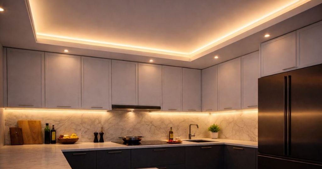 نورپردازی سقف آشپزخانه و ارتباط آن با کابینت