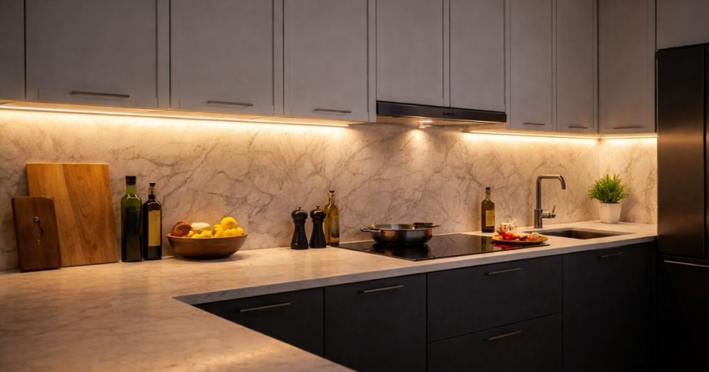 نورپردازی بین کابینت و فضای دیوار